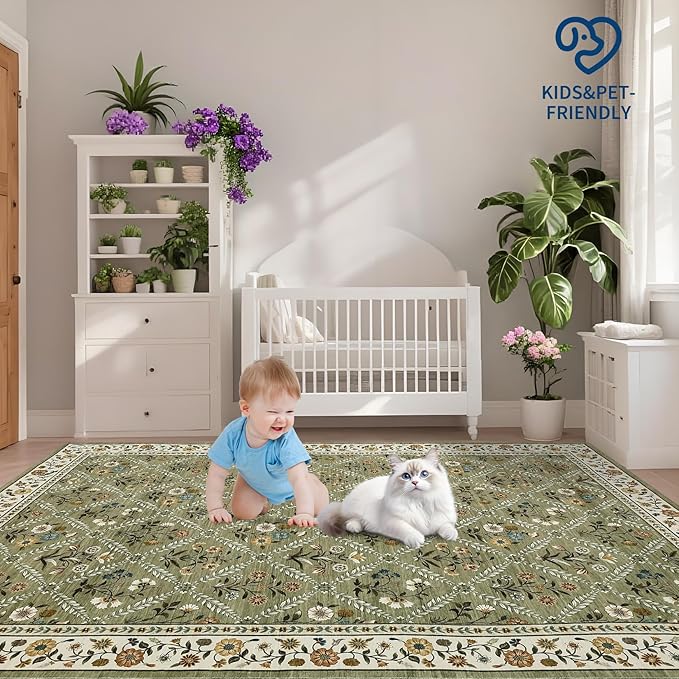 GarveeHome Washable Kitchen Runner 2x6 Non-Slip Floral Carpet Runner for Entryway Indoor Ultra Soft Stain Resistant Long Rugs Farmhouse Floor Mat for Hallways Laundry Bedroom Green
