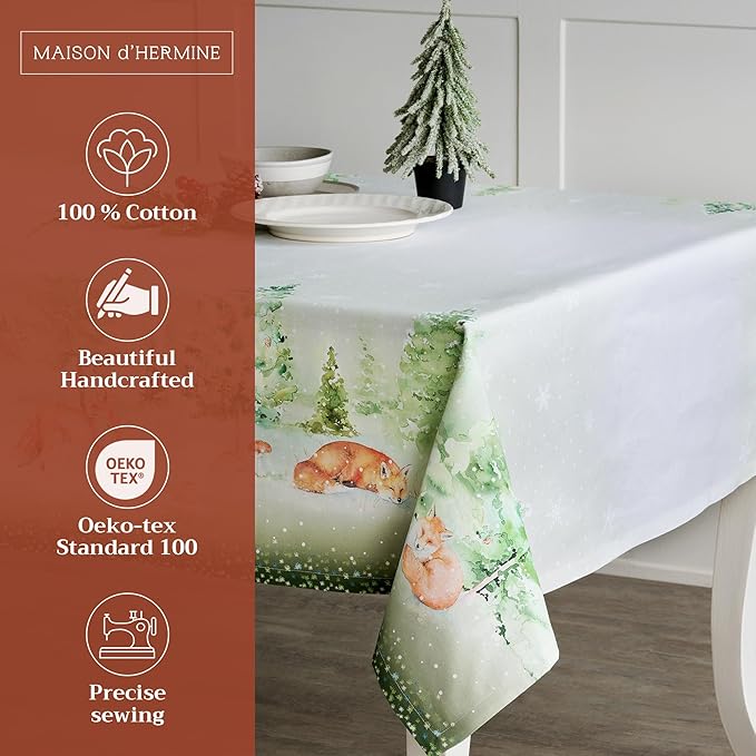 Maison d' Hermine Table Cloth Rectangle Table 100% Cotton 60 x 90 Inches Fall Tablecloth Reusable Everyday Use for Thanksgiving Christmas Decorations Dining Farmhouse Party (Winter Mornings)