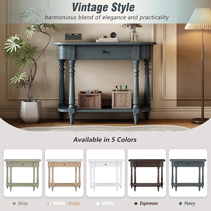 Retro Curved Console Table, 36" Solid Wood Half Moon Console Table Sofa Table Entryway Table with 1 Drawer 1 Open Shelf Roman Legs Curved Corners for Living Room,Entryway,Hallway,Navy