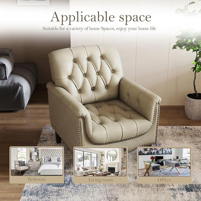 Pia Ricco Modern Tufted Accent Chair, Single Faux Leather Armchair with Nailhead Trim & Wood Legs, Comfortable Upholstered Seat for Living Room, Office - Beige