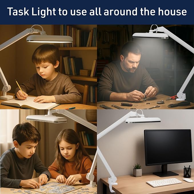Kings County Tools LED Desk Lamp with Clamp - Architect Desk Light with Adjustable Swing Arm, Dual Light, and 16 Lighting Options - 32” Tall Task Lamp for Office Accessories (White)