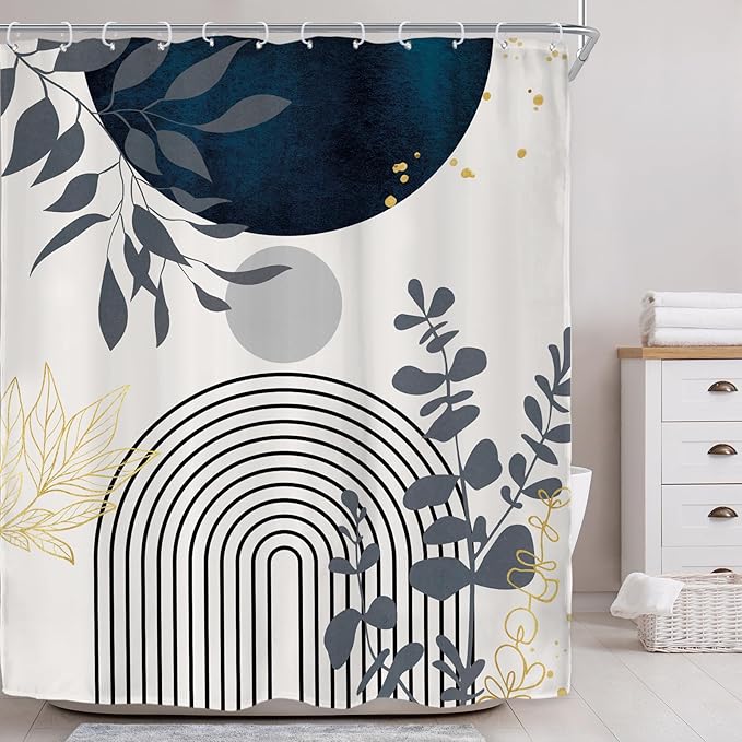Riyidecor Navy Blue Modern Boho Shower Curtain for Bathroom Decor 60Wx72H Bohemian Abstract Arch Leaves Geometric Simple Contemporary Art Printed Fabric Polyester Waterproof 12 Pack Plastic Hooks