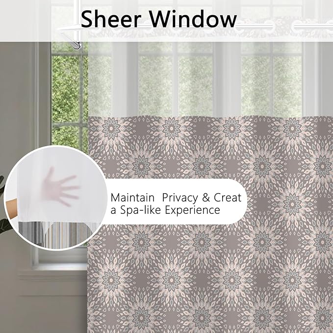 No Hook Shower Curtain with Snap in Fabric Liner Set, Waterproof Bath Curtain with Stylish Gray Floral Design, Mandala Pattern with See Through Top Window, 71x74 Inches