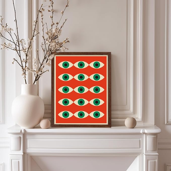 Poster Master Bauhaus Poster - Red Evil Eye Print - Graphic Design Art - Eye Art - Geometric Art - Chic Boho Art - Mid Century Modern Art - Living Room or Bedroom Wall Decor - 8x10 Brown Framed