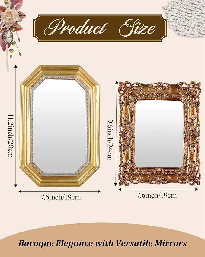 Wonderjune 3 Pcs Vintage Gold Mirror Set Wall Decorative, 8-15in Vintage Wall Mirror Hanging Antique Hanging with Stand for Living Room Home Wedding Decor(Court Baroque Style, 15in/11in/10in)