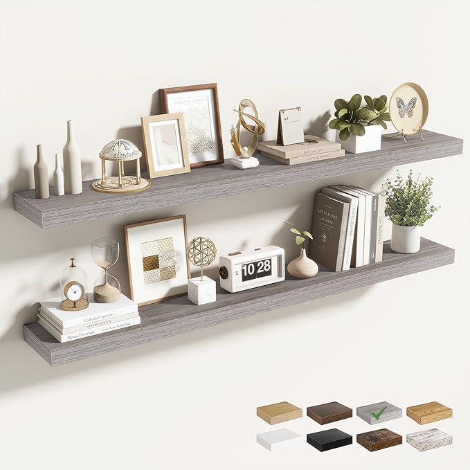 48 Inch Floating Shelves for Wall 2 Pack, 48" Wall Shelves for Books, Storage, Decor, Wall Mounted Floating Shelf with Invisible Brackets for Kitchen, Living Room, Gray