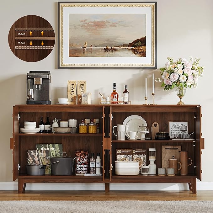 ONBRILL 63" Sideboard Buffet Cabinet with Storage, Large Buffet Cabinet with 4 Circular Panel Design Doors and Adjustable Shelves, Modern Sideboard for Living Room, Kitchen (Walnut)