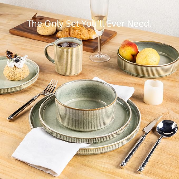 GBHOME 18-Piece Stoneware Dinnerware Set for 6 – Ribbed Ceramic Plates and Bowls, Scratch-Resistant, Microwave & Dishwasher Safe, Reactive Glaze, Desert Sage
