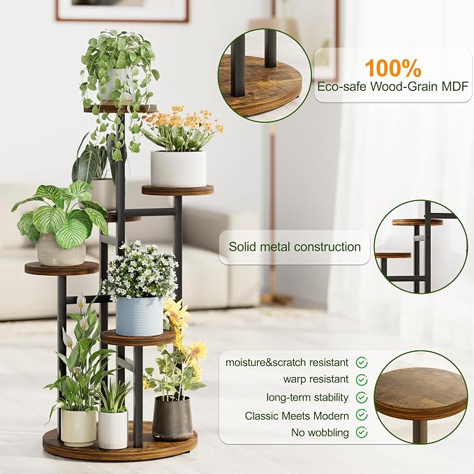 5 Tiers Wood Plant Tables Indoor Plant Stand Tall Metal Wood Plant Shelf Outdoor Indoor Plant Table Rack Tiered Plant Stand Garden Accessories for Living Room Balcony Patio - BlackRound