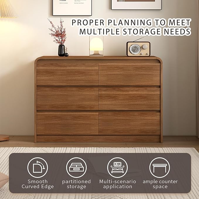 6 Drawer Dresser For Bedroom 47 Inch Wood Chest of Drawers - Curved Anti Collision, Mid Century Dresser For Closet with Natural Texture & Pre-Embedded Slots for TV Stand, Living Room, Nursery