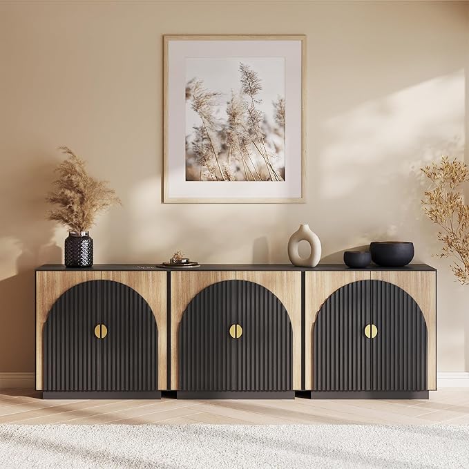 BELLEZE Set of 3 Fluted Sideboard Buffet Cabinet with Storage, Mid-Century Modern Console Table with Symmetrical Arched Doors, Elegant Credenza for Dining Room, Kitchen, and Living Room, Camel