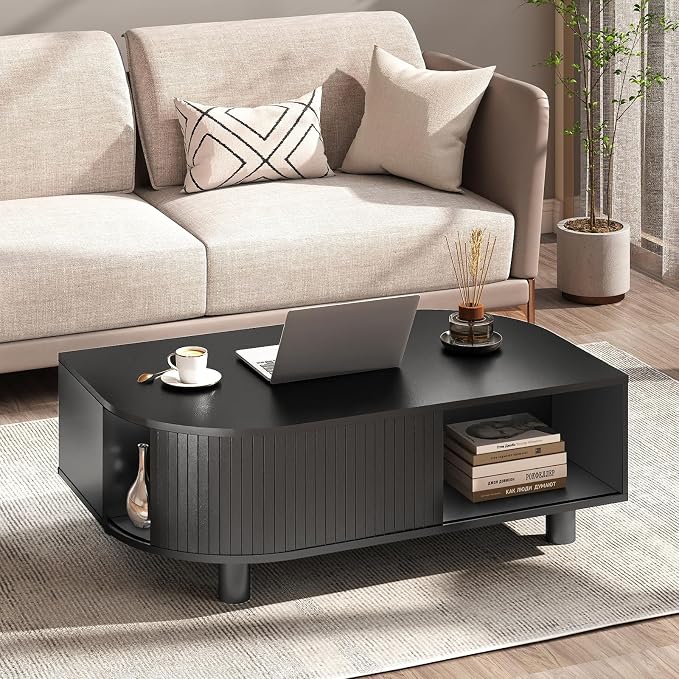 Modern 39.4" Coffee Table with Storage- Leaf-Shaped Wood Center Table with Storage, Retro Fluted Central Table with Sliding Door for Living Room, Office, Black