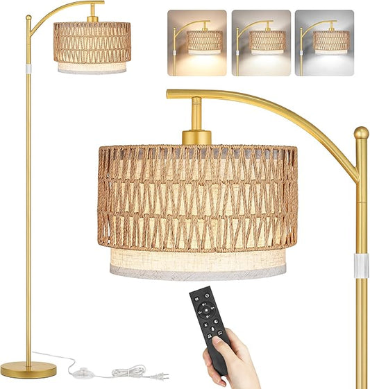 ROTTOGOON Arc Floor Lamps for Living Room, Boho Farmhouse Floor Lamp with Remote & Dimmable Bulb, Standing Lamp with Rattan & Fabric Shades, Adjustable Tall Lamp for Bedroom Office-Gold