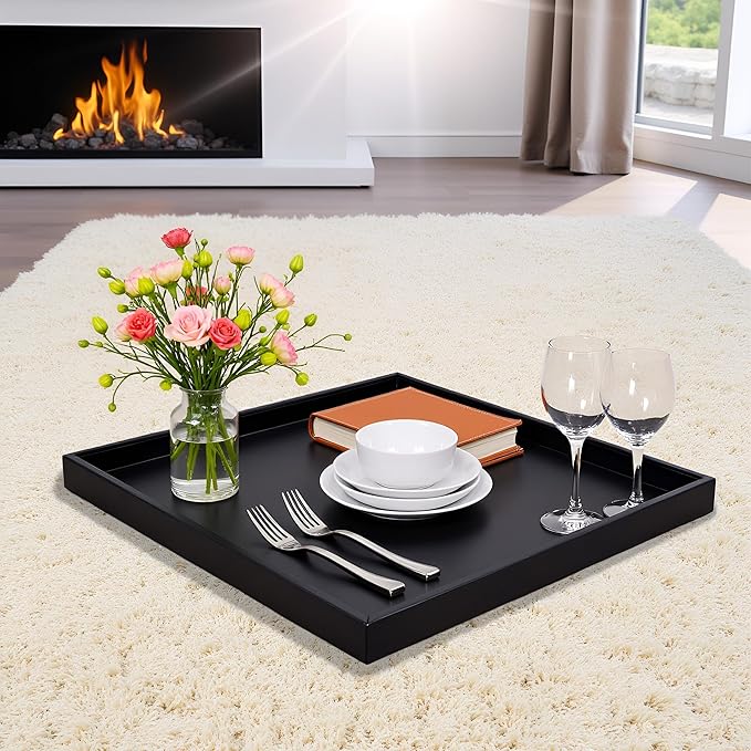 20 x 20 inches Luxury Leather Square Oversized Service Tray, Ottoman & Coffee Tray for Family Dinner, Out-of-House Picnic & Party (Black)