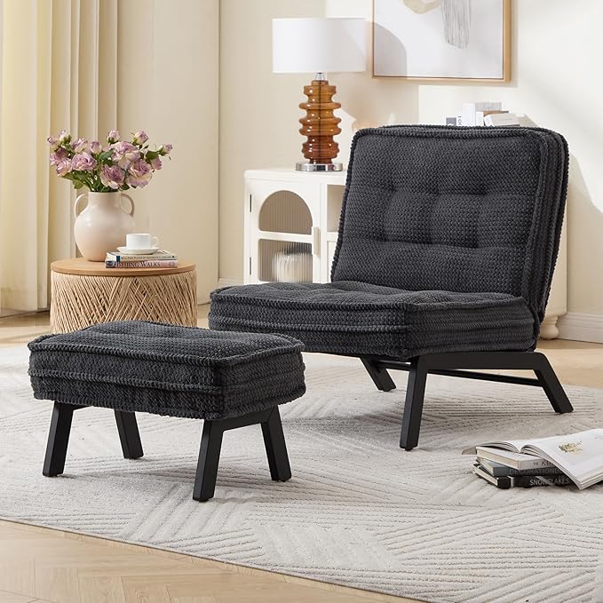 ANJ Armless Accent Chair with Ottoman Adjustable Backrest, Black Living Room Chair Tufted Upholstered Lounge Chair with Footrest Set, Modern Chair Cozy Reclining Chair for Reading Room Bedroom