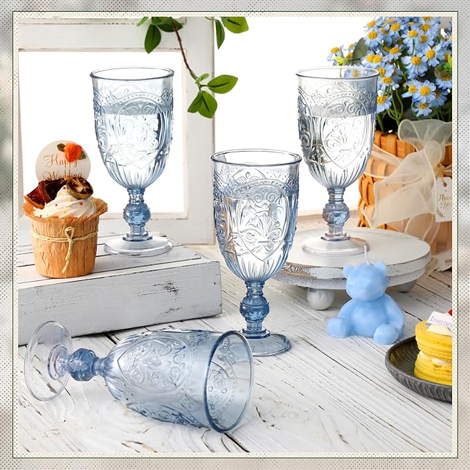 24 Pcs Plastic Goblets 7.5oz Vintage Goblet Plastic Wine Glasses Colored Retro Embossed Water Goblets for Wine Bar Juice Baby Shower Wedding Reception Grand Event Party (Blue)