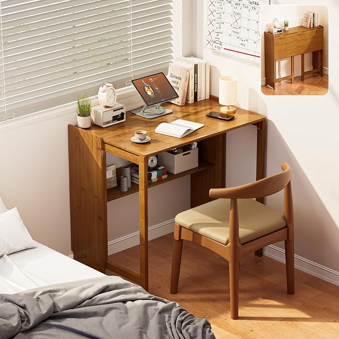 Bamboo Foldable Desk, Folding Desks for Small Spaces, Mid Century Small Computer Desk with Bookshelf for Bedroom Home Office, Brown