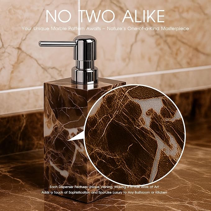 Real Natural Marble Soap Dispenser with Stainless Steel Pump Decorative Liquid Hand Soap Bottle for Kitchen Bathroom, Compatible with Lotion, Dish Soap Shower Gel (Coffee 1 Set)