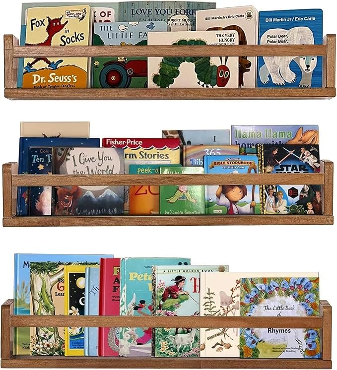 AZSKY Nursery Shelves Light Walnut Floating Book Shelf Organizer for Baby Nursery Décor Wall Book Shelves for Kids Room 24 Inch Wood Wall Ledge Shelves for Bathroom Kitchen Spice Rack a Set of 3