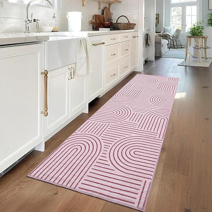 Modern Rug 2x6 Runners for Hallways, Abstract Kitchen Runner Rugs Non Slip Bath Runner, Rainbow Washable Runners Rug for Bedroom, Soft Long Rugs for Entryway Bathroom Laundry Dorm, Pink