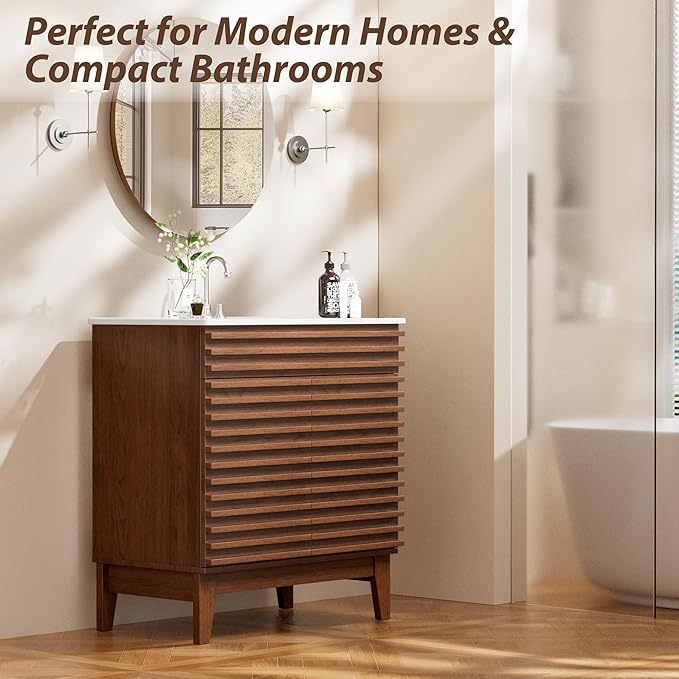APRILSOUL 30" Bathroom Vanity with Ceramic Sink, Mid-Century Bathroom Vanity Cabinet with 2 Soft Closing Doors, Freestanding Bathroom Cabinet, Particleboard Frame with Wood Grain Laminate, Walnut