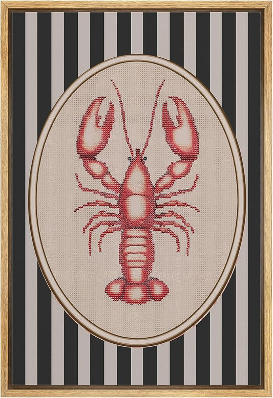 MUDECOR Framed Canvas Print Wall Art Vintage Red Lobster Needlepoint Style Nautical Stripe Illustrations Minimalism Decorative Bohemian Colorful Zen for Living Room, Bedroom, Office - 24"x36" NATURAL