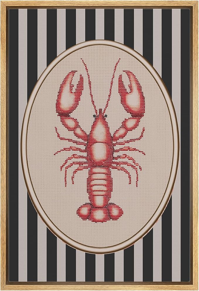 MUDECOR Framed Canvas Print Wall Art Vintage Red Lobster Needlepoint Style Nautical Stripe Illustrations Minimalism Decorative Bohemian Colorful Zen for Living Room, Bedroom, Office - 16"x24" NATURAL