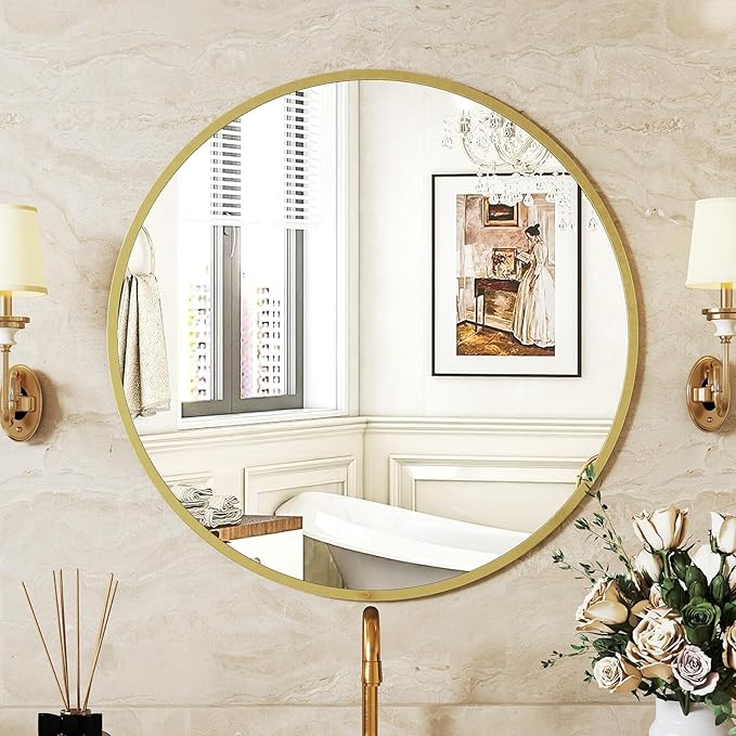 Sweetcrispy 20 Inch Round Wall Mirror with Tempered Glass, Bathroom Mirror Over Sink, Anti-Fog & Waterproof Round Mirrors for Bathroom, Entryway, Bedroom, Shatterproof Design, Gold
