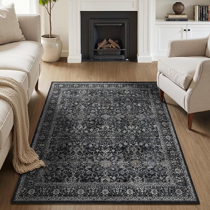 Dark 4x5 Area Rugs, Washable Throw Rugs with Rubber Backing for Kitchen Entryway, Low Pile Thin Throw Carpet Rug for Foyer/Nursery/Home Office/Living Room, Vintage Farmhouse Midnight