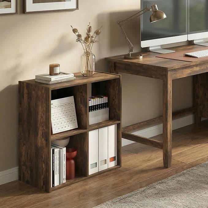 Furinno PELLI Book Shelf, 4-Cube Bookshelf with Open & Closed Back Cubes, 2 x 2 Storage Organizer Cabinet, 11.6 x 24.2 x 24.2, for Living Room, Bedroom, Home Office, Amber Pine