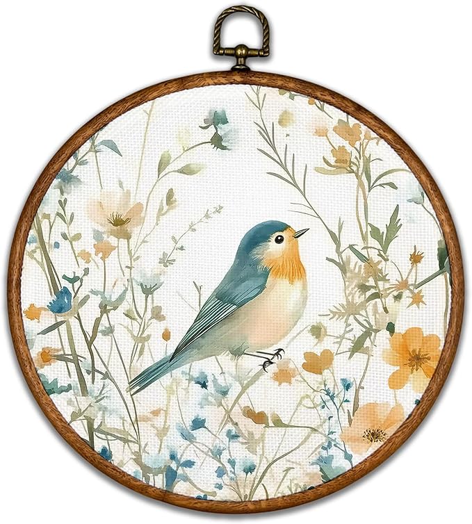 KSDUT Retro Aesthetic Floral Bird Wall Art Decor - Botanical Neutral Mid Century Modern Wall Art Canvas Frame Hanging Prints, Vintage Landscape Round Wall Art Decor for Home Decorations 10"x10"
