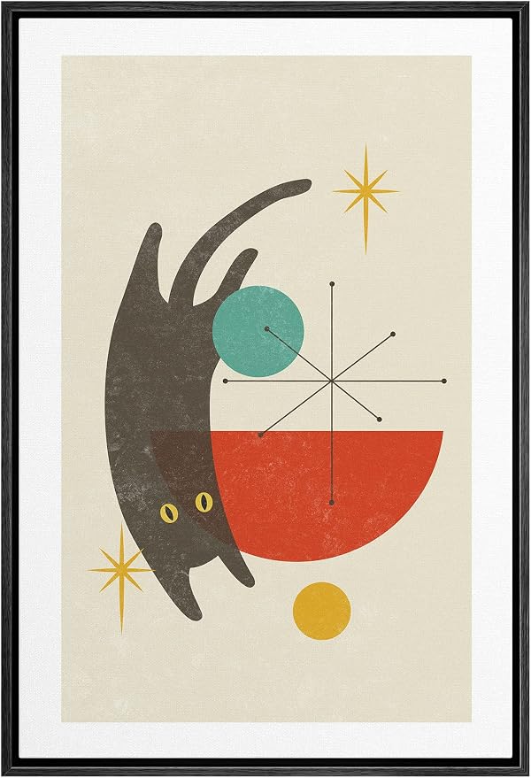 Woodrose Framed Canvas Print Wall Art Geometric Symbol Cartoon Black Cat Animals Shapes Illustrations Modern Minimalist Chic Relax/Calm Multicolor for Living Room, Bedroom, Office - 24"x36" Black