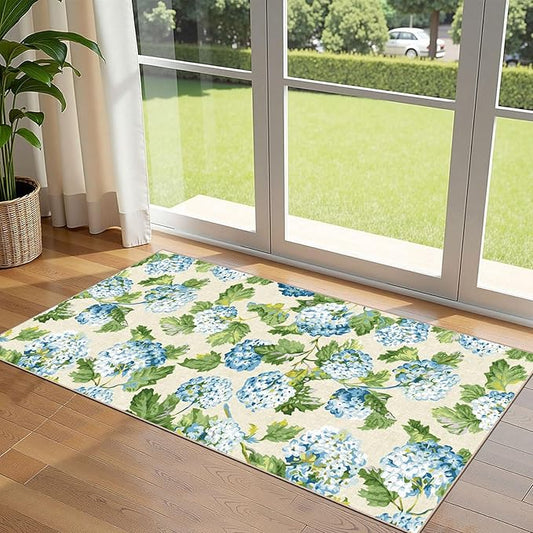 Front Door Mat Indoor Entrance - 2x4.3 Ft Spring Washable Layered Doormat Outdoor Entrance Porch Rug Non-Slip Light Blue Green Floral Runner Rug for Kitchen Bedroom Laundry Room Porch Decor