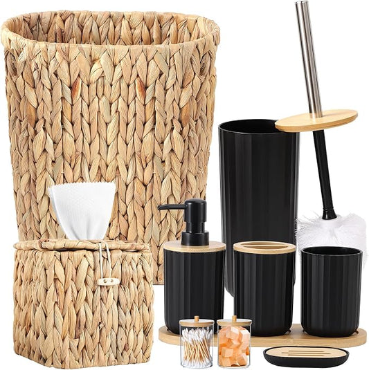 Bathroom Accessory Set, 10 Pieces Bath Set- Wicker Trash Can Tissue Box Soap Dish Toothbrush Holder Rinse Cup Lotion Bottle Toilet Brush Qtip Holder - Practical Bathroom Decor Sets (Rattan Black)