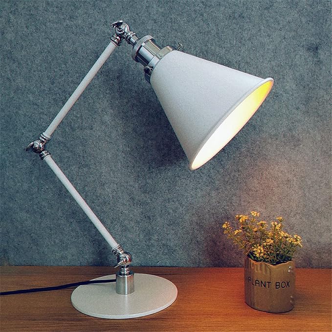 Makeup Vintage Desk Lamp, Industrial Metal Task Table Lamp with Adjustable Swing Arm, Bedroom Bedside Night Light Cafe Antique Reading Lighting,White