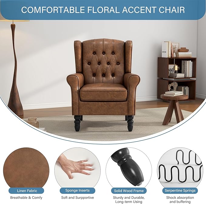Faux Leather High Back Accent Chairs Set of 2, Leather Upholstered Armchair Wingback Chair for Living Room, Comfy Single Sofa Bedroom Reading Seat with Solid Wood Legs, Brown