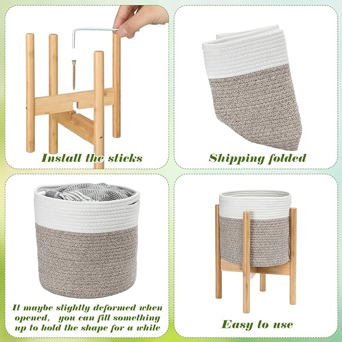 Plant Basket with Stand Indoor Planter Pot Holder Sturdy Jute Rope Modern Woven Basket, Cotton Rope Woven Pot with Bamboo Stand(White and Brown,10 Inch)