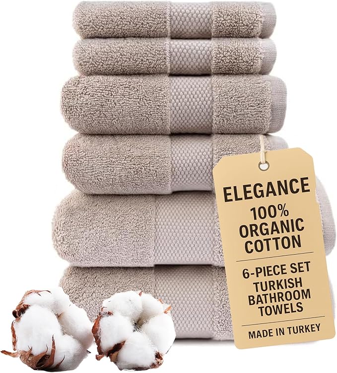 Maisonette Elegance 100% Organic Cotton Turkish Bathroom Towels Set, Ideal Quick Dry Luxury Washcloths, Hand & Large Luxury Bath Towels for Shower (6 Pack), Light Brown (Dune)