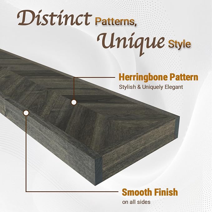 Howizz 24'' Chevron Floating Shelves for Wall, Acacia Wood Wall Mounted Shelves with Invisible Brackets, Rustic Wooden Shelf Set of 2 for Living Room, Bedroom, Bathroom, Kitchen Decor, Mocha Finish