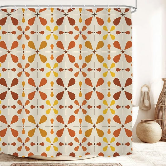 Boho Mid Century Orange Shower Curtain Bathroom Set 71Wx71H Inches Modern Red Abstract Water Drop Bohemian Vintage Colourful Geometry Bath Accessories Retro Art Home Decor Fabric 12 Pack Hooks