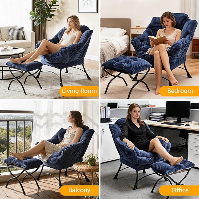 Oversized Lazy Chair with Ottoman for Adults, Chair and Ottoman Set Modern Skinny Lounge Chair with Footrest, Wide Reading Chair for Living Room, Comfy Accent Armchair for Small Spaces, Navy Blue