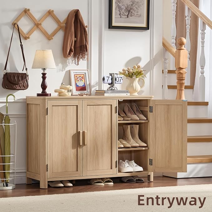 Joaxswe Sideboard Buffet Cabinet with Storage, 46" Arc-Shaped Credenza with 3 Doors & Adjustable Shelves, Mid Century Modern Coffee Bar Storage Cabinet for Kitchen, Living Room, Entryway, Natural