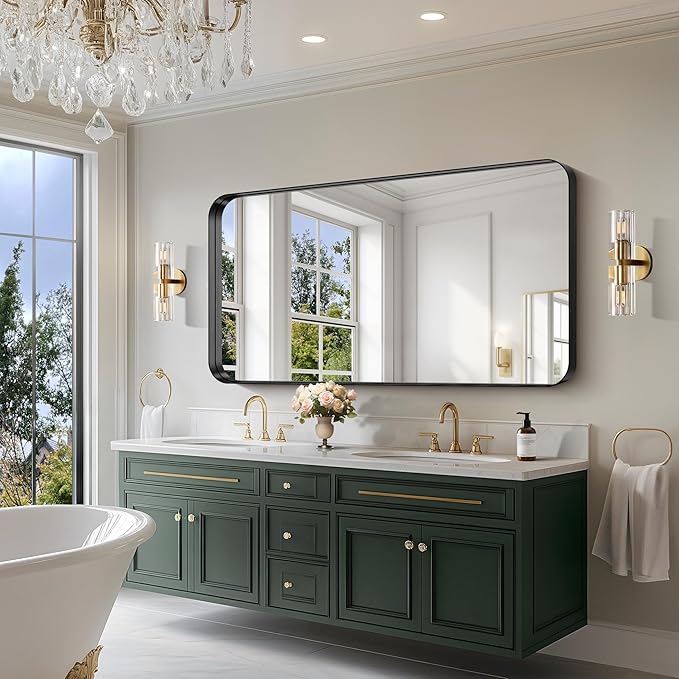 CIRCUMI Black Bathroom Mirror, 30"x60" Rectangular Mirror with Deep Metal Frame, Rounded Corner, Tempered Glass, Large Mirror for Wall, Over 2 Sinks, Installed Vertically/Horizontally, Crystal-Clear