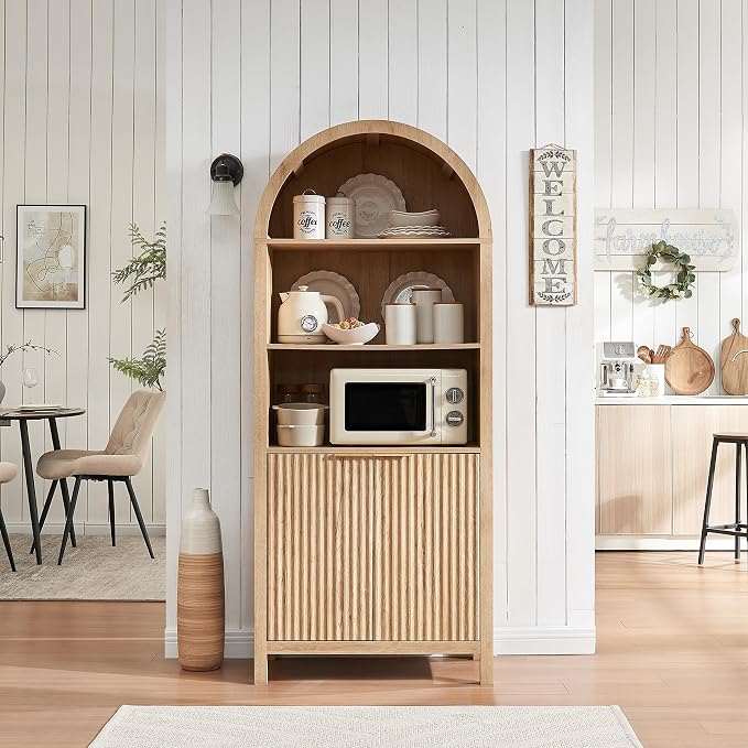 Arched Cabinet Bookshelf Bookcase - 71” Tall Mid Century Arched Display Cabinets, Rounded Bookshelf with Fluted Doors, Open Shelf Storage Cabinet for Dining Room (Natural)