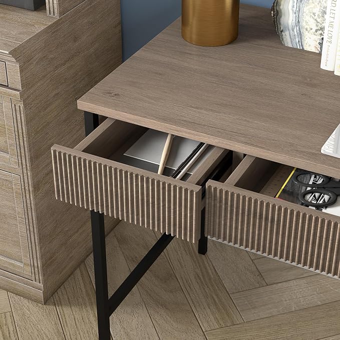 Henn&Hart 48" Fluted Mid-Century Modern Rectangular Wooden Home Office Desk Computer Desk Writing Table with 3 Ribbed Storage Drawers for Bedroom, Living Room, or Home Office, Weathered Gray
