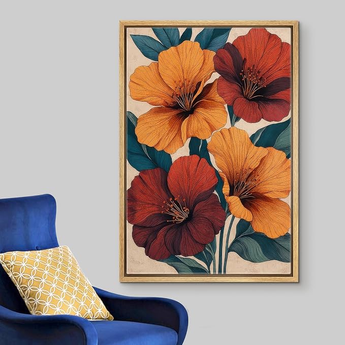Woodrose Framed Canvas Print Wall Art Vibrant Hibiscus Floral Botanical Illustrations Modern Art Minimalist 3D Colorful Ultra for Living Room, Bedroom, Office - 24"x36" NATURAL
