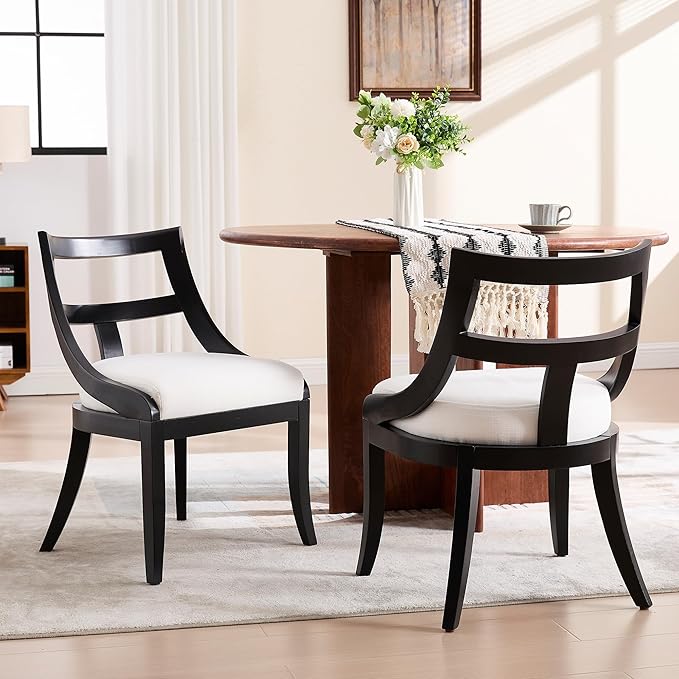 Modern Farmhouse Dining Chairs Set of 6 Mid Century Upholstered Dining Chair with Wooden Curved Back Kitchen Chairs for Dining Room Restaurant Cafe, Black-Linen Beige