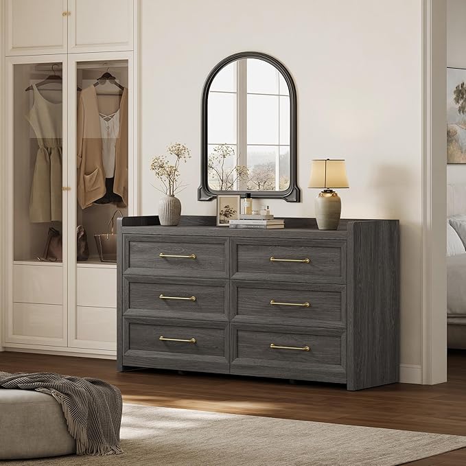 SICOTAS 6 Drawer Dresser for Bedroom-56.4" Extra-Wide Wooden Chest of Drawers with Large Storage, Long Dresser TV Stand with Drawers, Modern Closet Dressers for Nursery Living Room, Dark Grey Oak