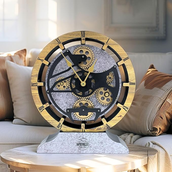 ImprovingLife Desk Clock 10 inches with Real Moving Gears Convertible into Wall Clock (Brown and Grey)