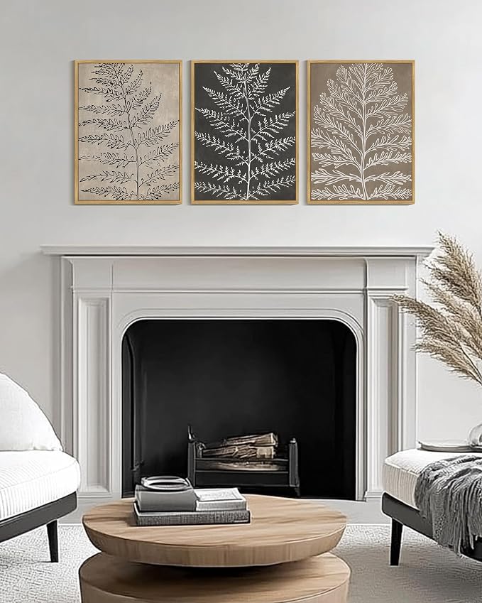 KUVIOKE Vintage Botanical Framed Wall Art Bohemian Black Tan Plant Leaf Wall Decor Nature Fern Plant Silhouette Wall Painting for Living Room Bedroom 12x16in (Natural Framed)